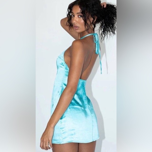 Princess Polly Tierra Satin Halter Mini Dress Aqua Size 2 - Picture 2 of 6